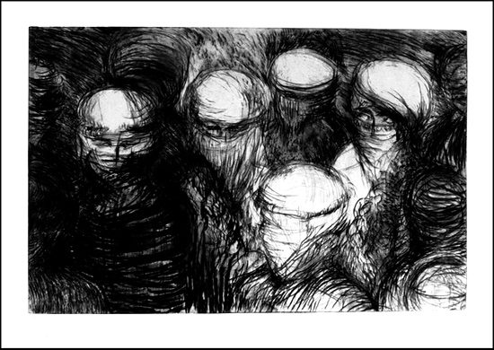 The Crowd (drypoint) by Marja-Leena Rathje